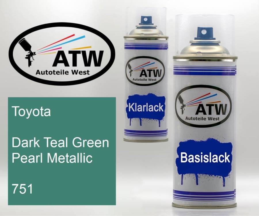 Toyota, Dark Teal Green Pearl Metallic, 751: 400ml Sprühdose + 400ml Klarlack - Set, von ATW Autoteile West.
